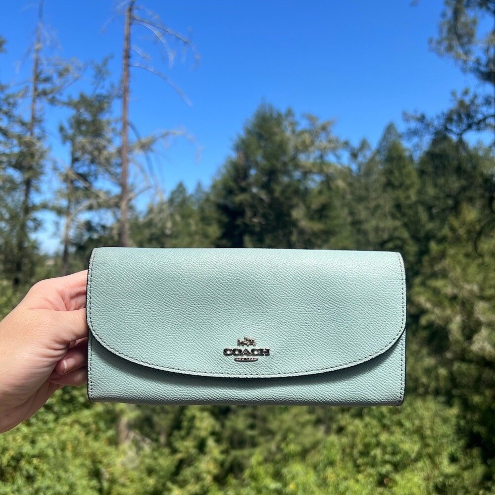 VINTAGE COACH Green/Blue Crossgrain Leather Wallet Silver Hardware AUTHENTIC